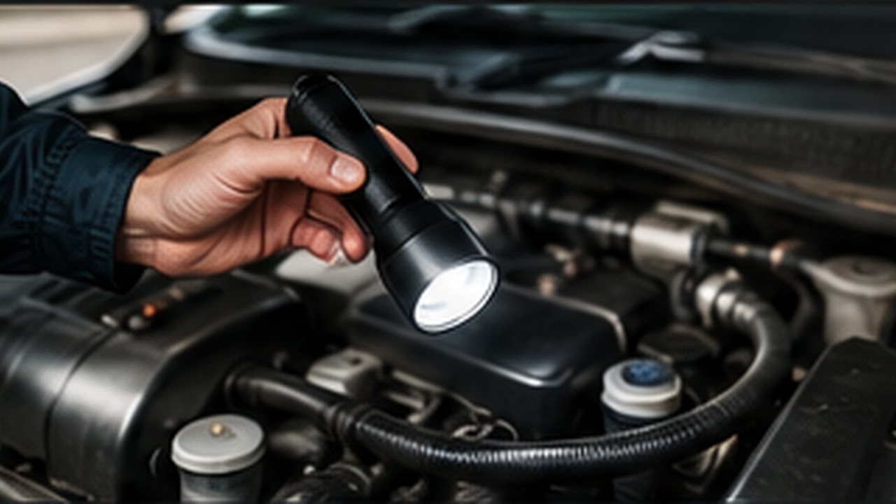 Ilustración editorial fotorrealista de una inspección visual del vano motor de un coche
